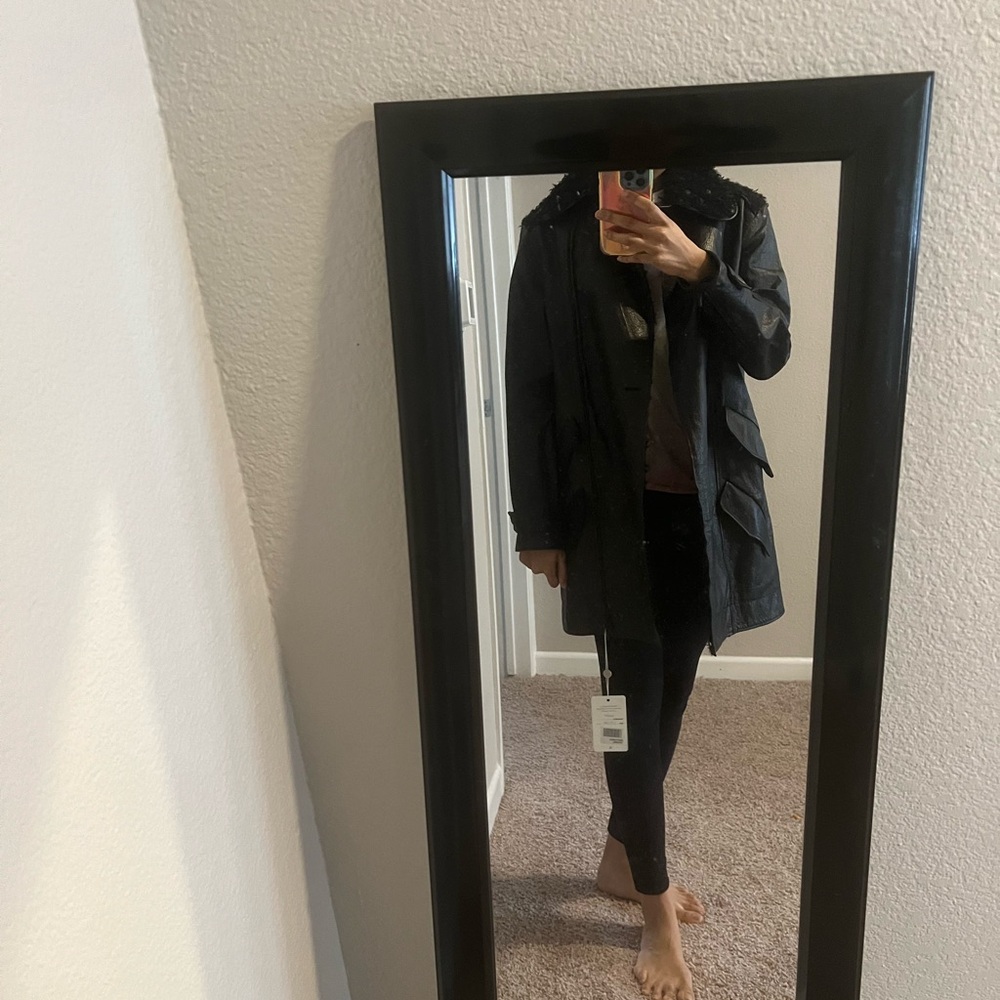 Chanel tweed and leather long leather jacket